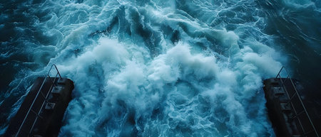 Hydroelectric dam harnessing rushing waters kinetic energy to generate renewable energy through water turbines. Concept Renewable Energy, Hydropower, Hydroelectric Dam, Water Turbinesの素材