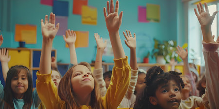 Active Participation in a Classroom: Students Raising Hands. Concept Engagement, Student Involvement, Classroom Dynamics, Interactive Learning, Student Participationの素材