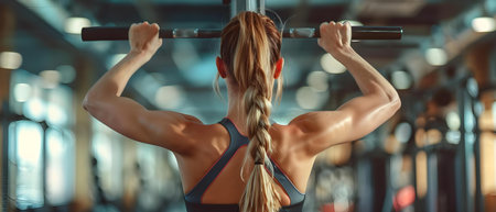 Strength Training: Young Woman Using Lat Pulldown Machine in Modern Gym. Concept Strength Training, Lat Pulldown Machine, Modern Gym, Young Woman, Fitness Routineの素材
