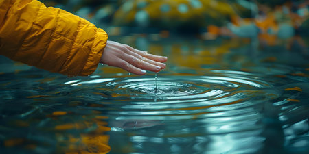 Closeup of a womans hand touching lake water creating ripples symbolizing environmental sustainability and nature cleansing. Concept Nature, Environment, Sustainability, Water, Reflectionの素材