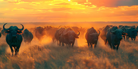African buffalo herd running through savanna. Concept Wildlife Photography, African Animals, Safari Adventureの素材