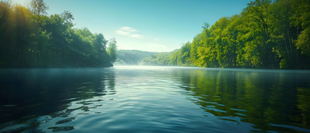 Tranquil Scene: A Gentle River Meandering Through a Verdant Forest under a Clear Blue Sky. Concept Nature, River, Forest, Blue Sky, Tranquilityの素材