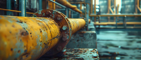 Closeup of steel pipes supported by concrete supplying a propane factory with energy resources. Concept Steel pipes, Concrete structure, Energy resources, Propane factory, Industrial infrastructureの素材