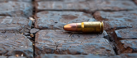 mm Bullet Shell on Brick Floor: Key Evidence in Murder Case. Concept Crime Scene Investigation, Bullet Casing Evidence, Key Clues, Forensic Analysis, Suspect Interrogationの素材