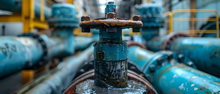 Steel Pipes Supplying a Propane Factory with Valves and Tanks in the Background: Close-up Shot. Concept Industrial Supplies, Propane Factory, Steel Pipes, Valves, Tanksの素材