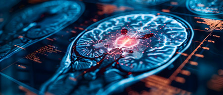 Closeup image of a brain scan showing neural pathways and connections highlighting neurological conditions and functions. Concept Neuroscience, Brain Scan, Neural Pathways, Neurological Conditionsの素材
