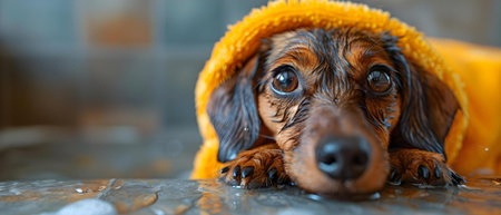 Dachshund in pajamas learns bedtime routine commands next to toothbrush. Concept Pet Care, Animal Training, Bedtime Routineの素材