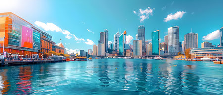 Darling Harbor Sydney a bustling tourist destination with museums restaurants and shops December 2019. Concept travel, tourism, attractions, Sydney, Darling Harbour, restaurants, shops, museumsの素材