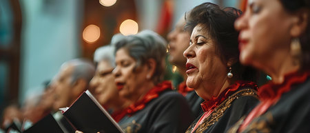 Latin American choir singing traditional Christmas carols at a Las Posadas celebration. Concept Las Posadas, Christmas Carols, Latin American Choir, Traditional Music, Cultural Celebrationの素材