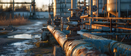 Steel pipes supplying a propane factory with valves and tanks in the background - Closeup view. Concept Industrial Equipment, Steel Pipes, Propane Factory, Valves, Tanksの素材