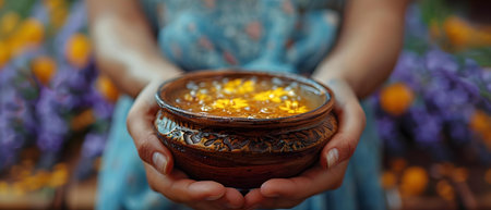 Preparing Herbal Oils for Ayurvedic Massage: Promoting Rejuvenation and Wellness through Rhythmic Movements. Concept Ayurveda, Herbal Oils, Massage, Rejuvenation, Wellnessの素材