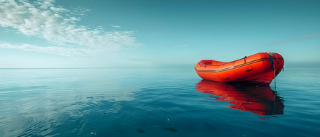 European Migrant Crisis: Migrant Vessel Spotted in Mediterranean Sea carrying People on Inflatable Boat. Concept Humanitarian events, Global migration, Search and rescue operationsの素材