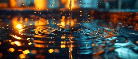 Oil droplets fall into container in industrial oil refining process showcasing fluid dynamics in an industrial environment. Concept Industrial Process, Fluid Dynamics, Oil Refiningの素材