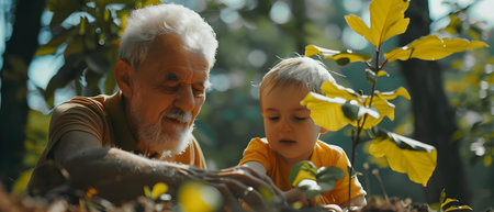 Generational Bonding: Grandfather and Grandson Planting a Tree Together in Nature. Concept Family Bonding, Outdoor Activities, Generation Connection, Nature Conservation, Multigenerational Memoriesの素材
