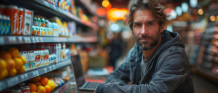 Shop owner multitasking on laptop and phone for social media content creation and customer communication. Concept Small Business Management, Social Media Marketing, Online Communicationの素材