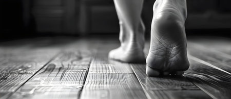 Common Symptom of Plantar Fasciitis: Wincing in Pain While Taking First Steps in the Morning. Concept Plantar Fasciitis, Foot Pain, Morning Pain, Inflammation, Heel Discomfortの素材