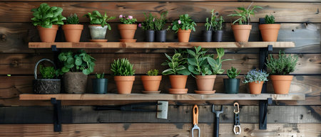 Closeup of potted house plants on wooden shelves with garden tools soil and drainage supplies. Concept House Plants, Indoor Gardening, Home Decor, Garden Tools, Plant Careの素材
