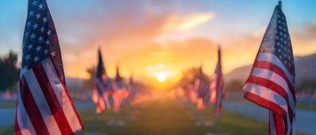 Sunset Salute: American Flags Honor the Brave. Concept Patriotic Tribute, Sunset Photoshoot, American Pride, Flag Photographyの素材
