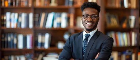 Confident Lawyer Posing in Book-Lined Office. Concept Lawyer Portraits, Professional Photoshoot, Book-Lined Office, Confident Poses, Stylish Outfitsの素材