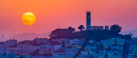 Moonrise and Sunset Harmony over Coit Tower. Concept Landscape Photography, Golden Hour Magic, Cityscape Silhouettes, Nature's Beauty, Outdoor Adventuresの素材