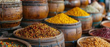 Savor the Variety: A Journey Through Traditional Market Flavors. Concept Food Photography, Culinary Culture, Cultural Diversity, Market Traditions, Gastronomic Experienceの素材