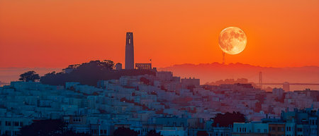 Moonrise Over Telegraph Hill at Dusk. Concept San Francisco Landscapes, Photography, Twilight Views, Urban Explorationの素材