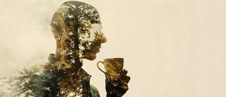 Man in Tranquil Fusion with Nature Enjoying a Cup of Coffee. Concept Outdoor Photoshoot, Nature and Coffee, Tranquility, Enjoying Momentの素材