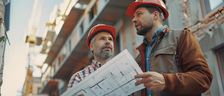 Engineers Collaborate on Construction Blueprint. Concept Construction Project Management, Engineer Collaboration, Blueprint Creation, Structural Design, Building Innovationの素材