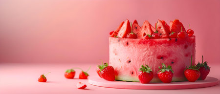 Vibrant Watermelon Cake Delight with Fresh Strawberries. Concept Cake Decor Ideas, Summer Desserts, Fruit Decorations, Vibrant Colors, Creative Bakingの素材
