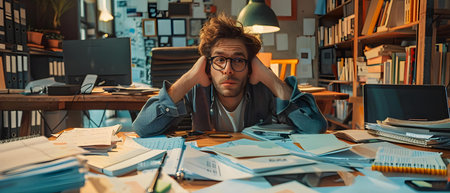 Home Office Havoc: Man Amidst Mountains of Paperwork. Concept Home Office Organization, Paperwork Management, Stress Relief, Productivity Improvement, Work-life Balanceの素材
