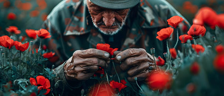 Reflective Veteran Honoring Fallen Comrades with Poppies. Concept Military, Veterans, Remembrance, Poppies, Tributeの素材