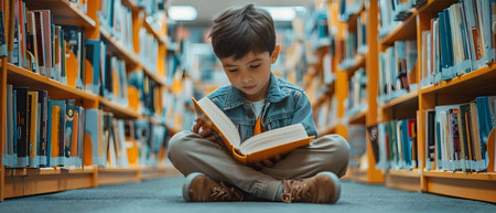 Child Immersed in Reading Amongst Library Shelves. Concept Literacy, Reading, Children's Books, Library, Educationの素材