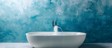 Tranquil Bath Oasis with Flowing Water and Artistic Blue Backdrop. Concept Relaxing bath, Flowing water, Blue backdrop, Artistic, Tranquil oasisの素材