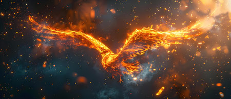 Fiery Digital Phoenix: Resurgence of Cybersecurity Power. Concept Cybersecurity, Digital Transformation, Phoenix Rising, Cyber Resilience, Data Protectionの素材