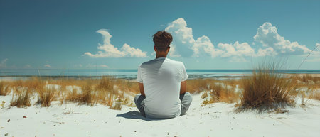 Solitary Contemplation by the Sea. Concept Peaceful Reflection, Sea Breeze, Serene Isolationの素材