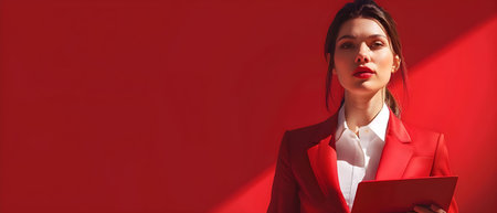 Professional Woman with Tablet on Red Background. Concept Business, Technology, Digital Device, Studio Photography, Modern Work Environmentの素材