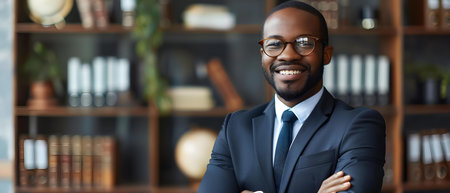 Confident Lawyer with Bright Smile in Modern Office. Concept Portrait, Lawyer, Confidence, Modern Office, Smileの素材