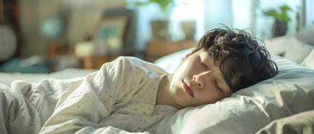 Tranquil Slumber in a Sunlit Minimalist Bedroom. Concept Minimalist Decor, Peaceful Sleep, Cozy Bedding, Sunlit Room, Tranquil Atmosphereの素材