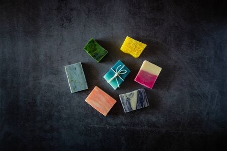 Flat lay of natural handmade soaps. Top view. Dark backgroundの写真素材