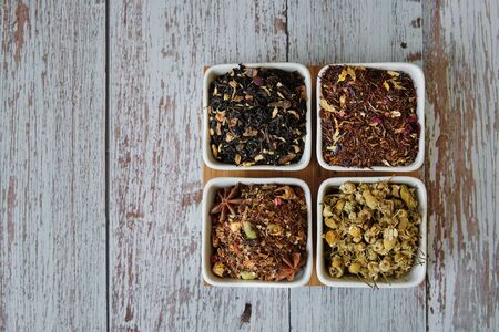 Detail of tea, herbal and rooibos dry leaves. Detox and healthy infusion. Top view with copy space. Flat layの写真素材