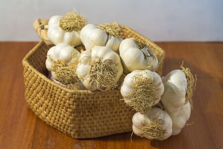 basket of garlic braidの写真素材