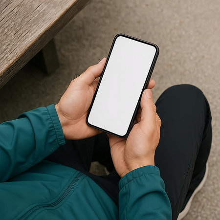male hands holding a phone with a white screen on a wooden tableの素材