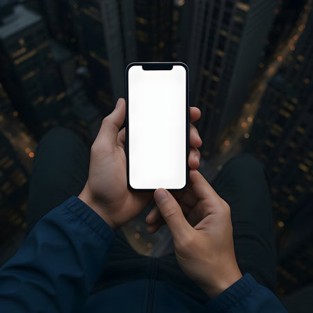 male hands holding smartphone with isolated screen on the top of the buildingの素材