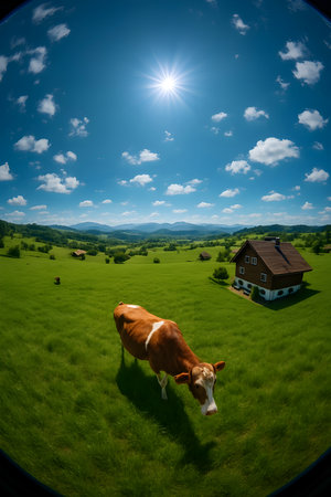 A cow is grazing on a green meadow in front of the houseの素材