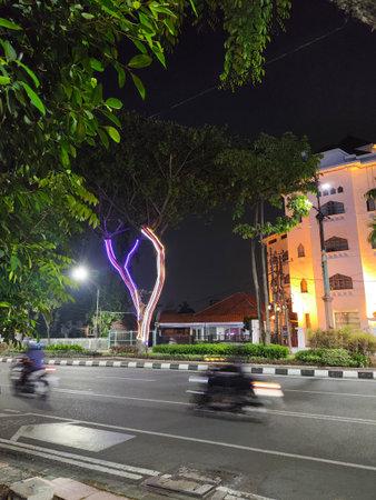light trails on the street at nightの写真素材