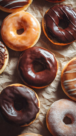 Delicious donuts with chocolate and vanilla frosting on baking paperの素材
