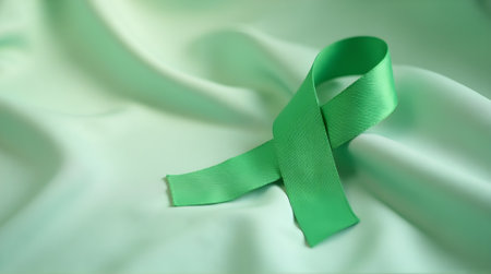 Green ribbon on white satin background, symbol of fight against cancer and mental health dayの素材