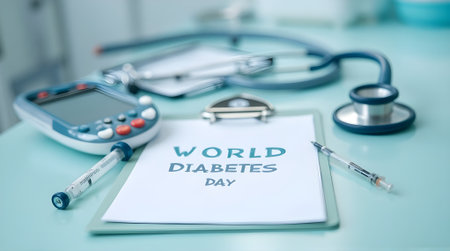 World Diabetes Day with stethoscope and syringeの素材