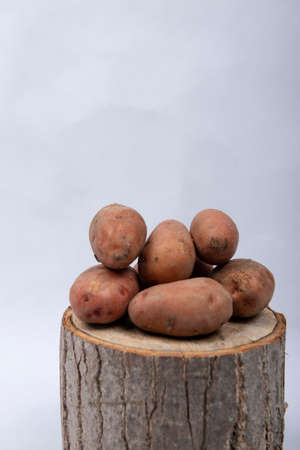 There are potatoes lined up on the tree stump