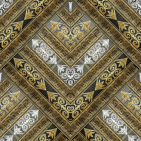 Tapestry modern seamless pattern. Grunge vector geometric background. Abstract embroidery oriental ornament with gold 3d stripes, frames, zigzag, meander, greek key. Embroidered baroque flowersのイラスト素材